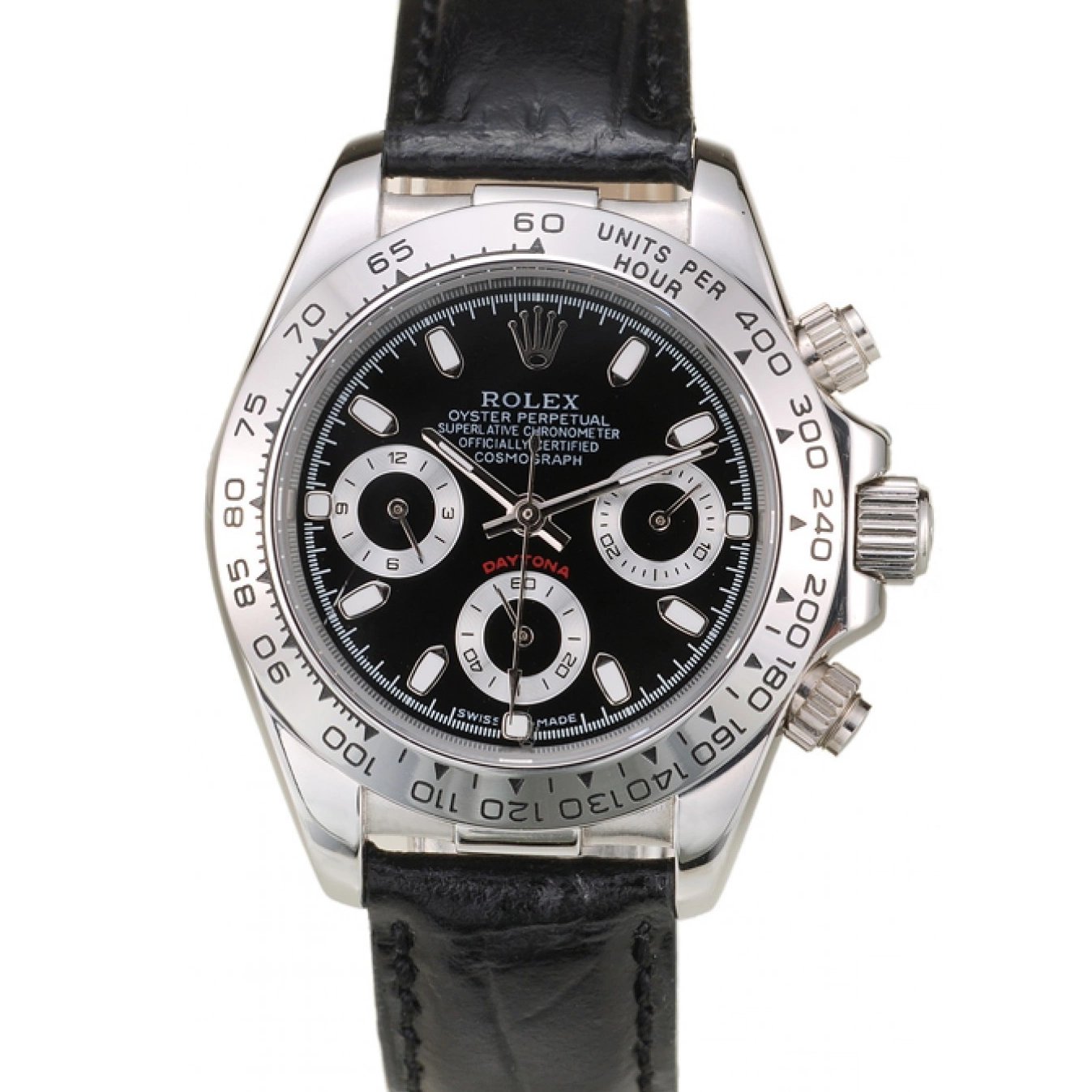 Aaa replica watch Dial Daytona Black Stainless Rolex Lady Strap Tachymeter Steel Case Black Leather 0730